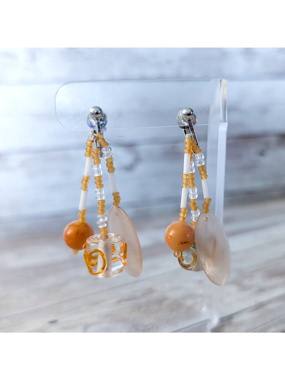 Vintage Clip On Earrings Orange Tone Dangle Long & Unusual